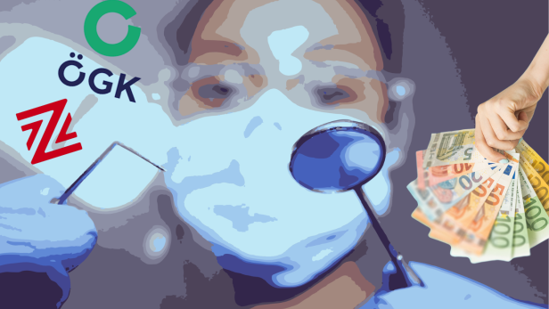 Dentist illustration showing hidden costs with banknotes and health insurance logos