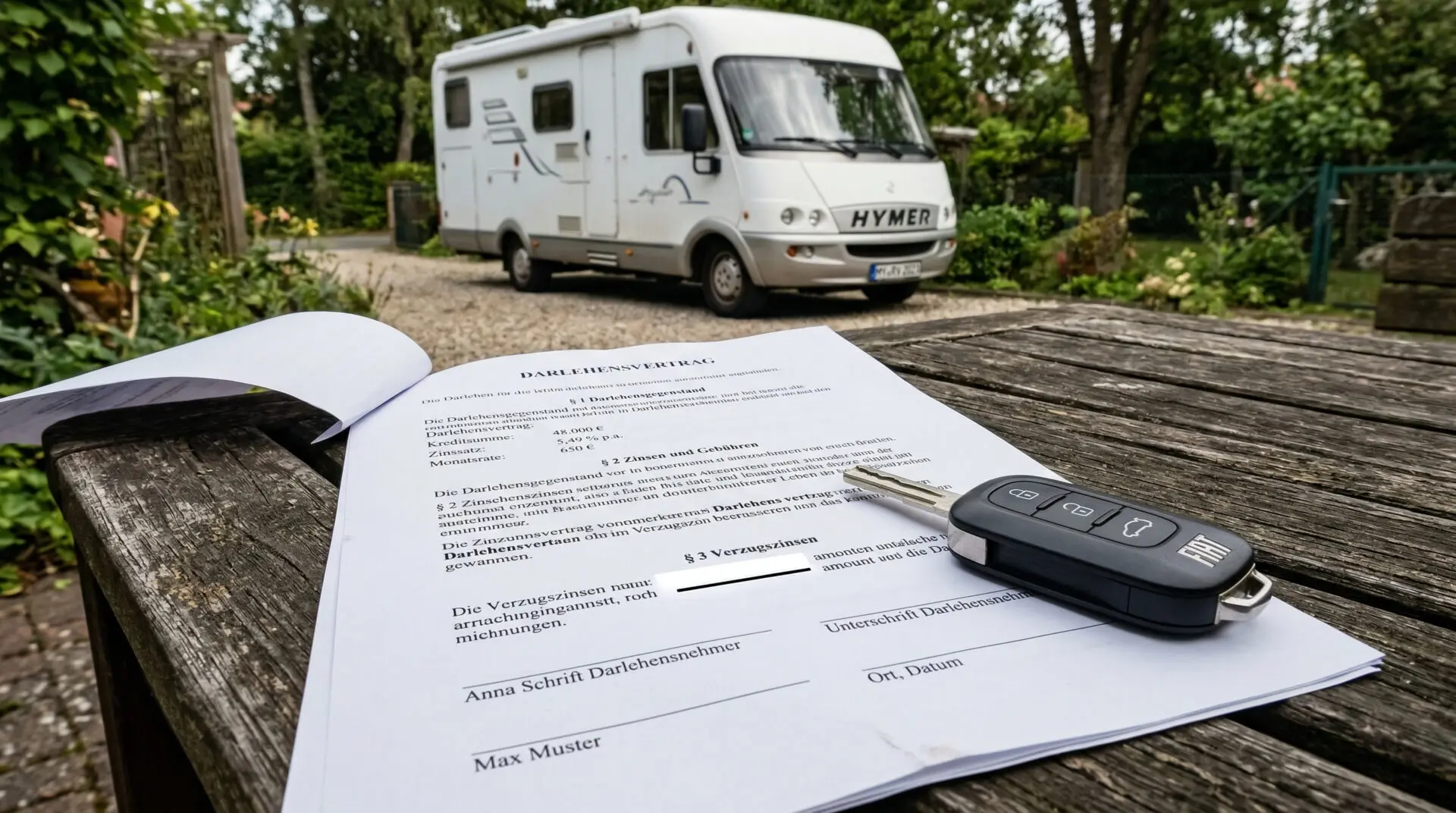 Contract with empty text field on table in front of parked motorhome. A car key and bundle of money lie next to it outdoors.