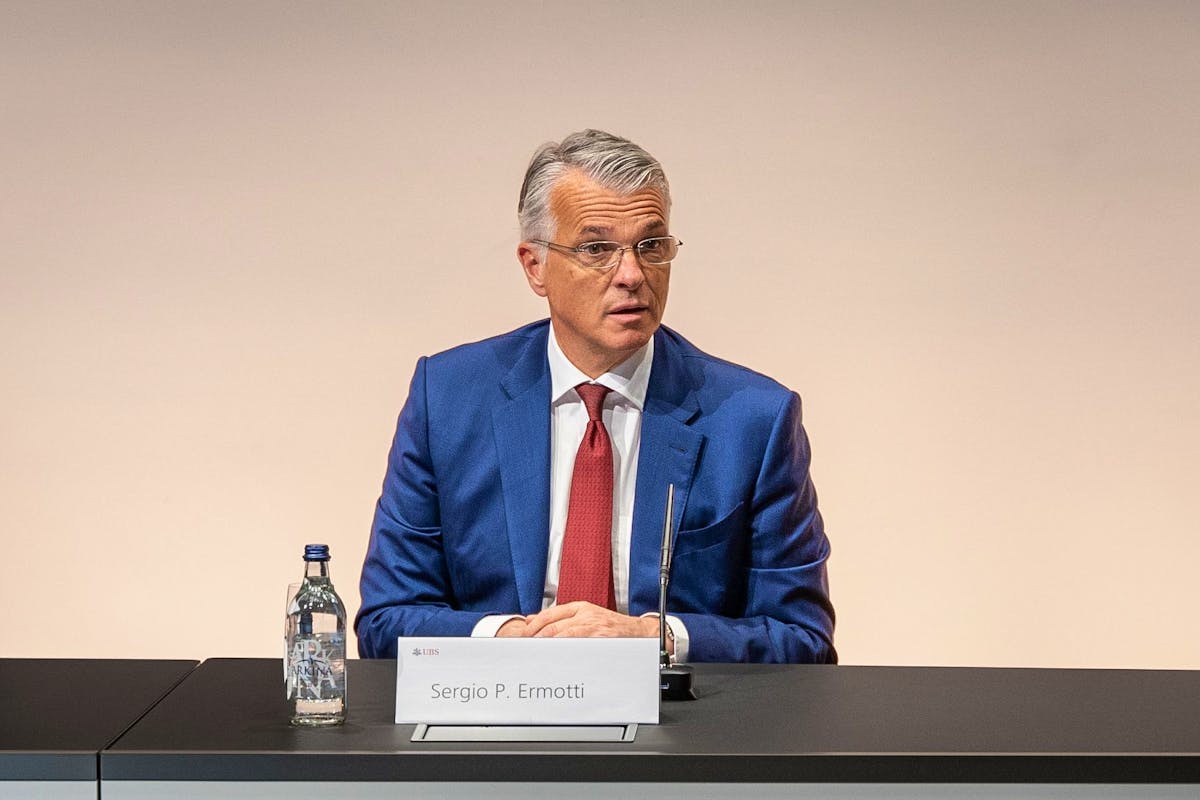 Sergio Ermotti, UBS CEO with compensation breakdown showing 14.9 million francs total package