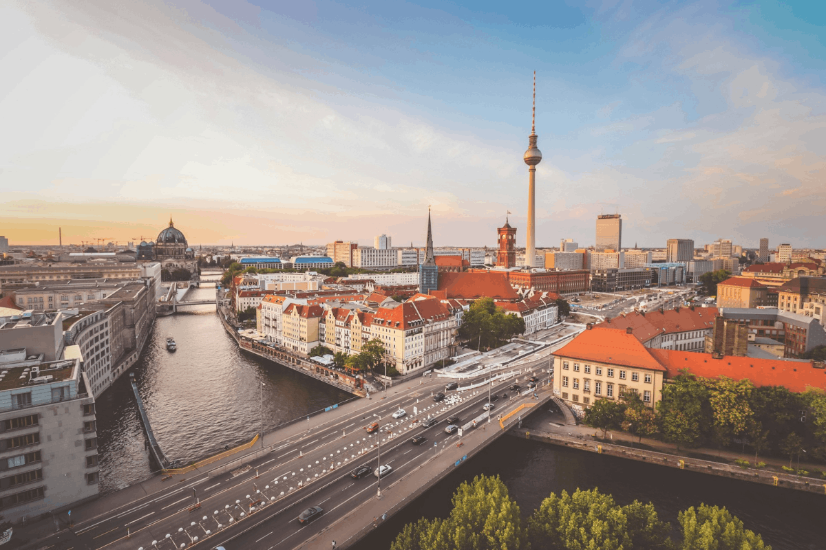 Aerial view of Berlin showing residential density and architecture near the TV tower