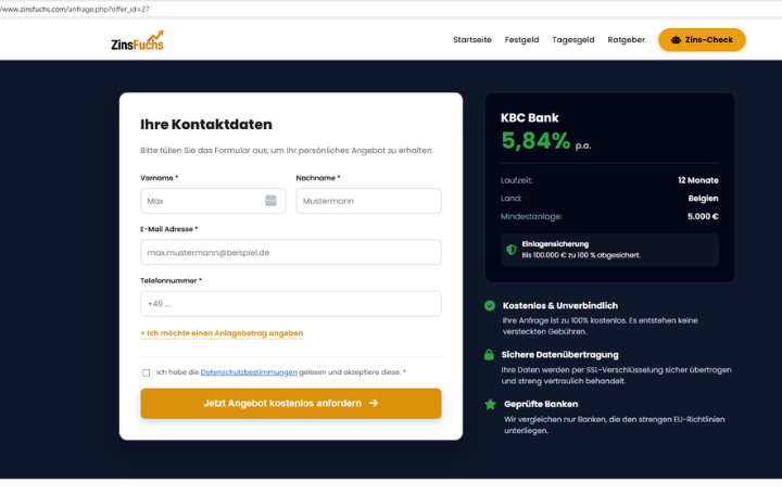 Kontaktfeld bei zinsfuchs.com