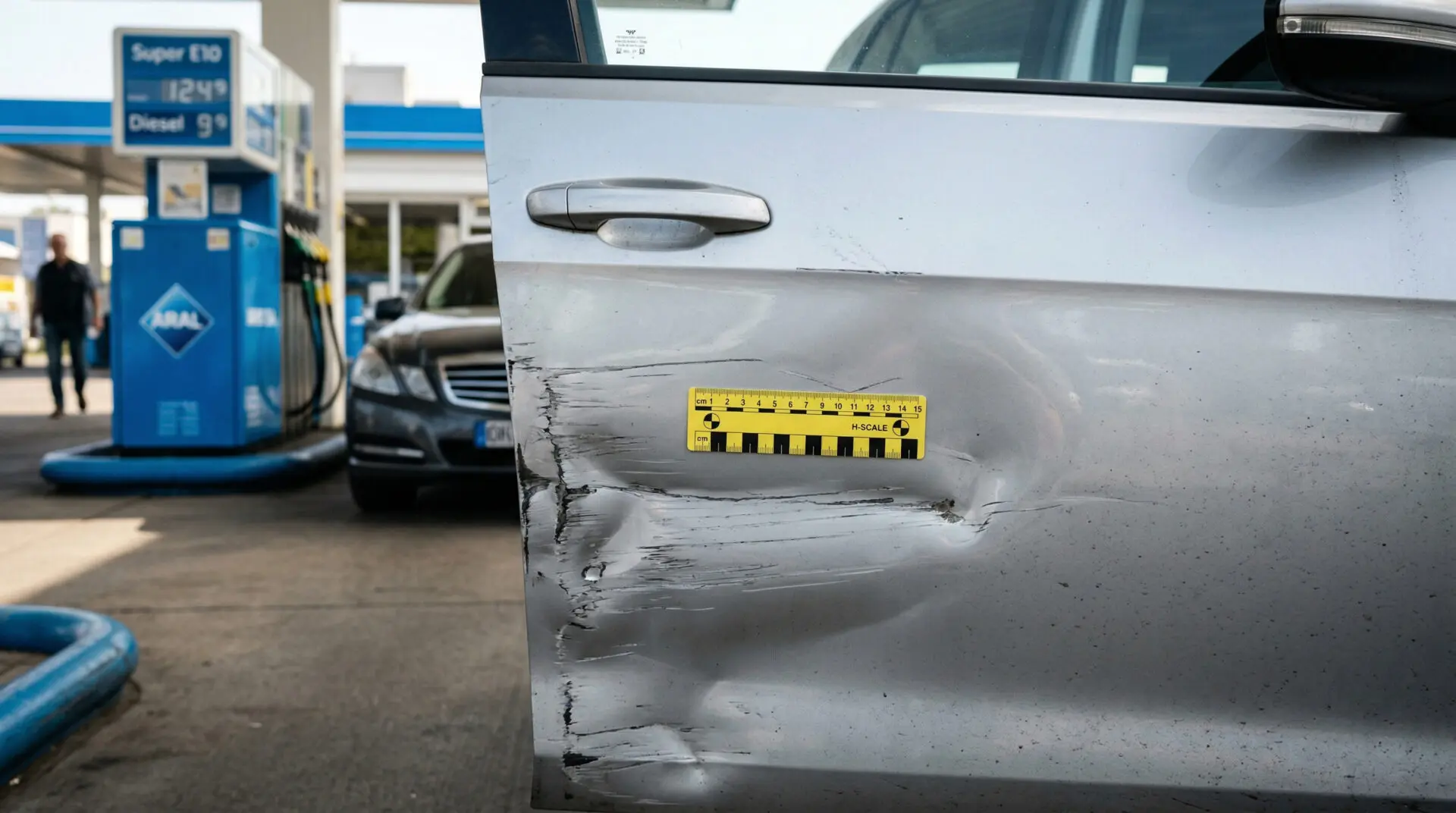 Dented silver car at a gas station with yellow and black tape marking damage assessment areas