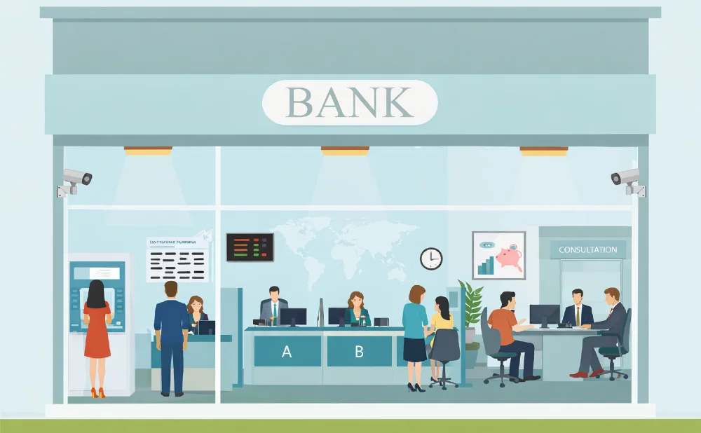 Bank branch interior showing Austrian banking environment with teller windows and customer service areas