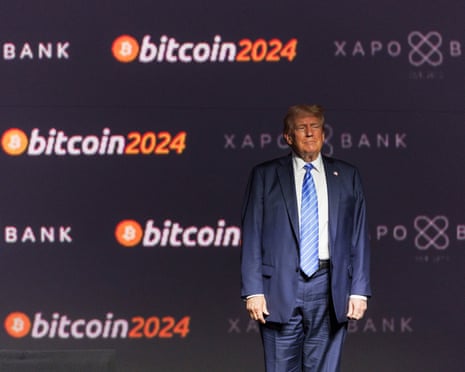 Donald Trump wearing a blue suit standing against the backdrop of Bitcoin imagery representing market volatility