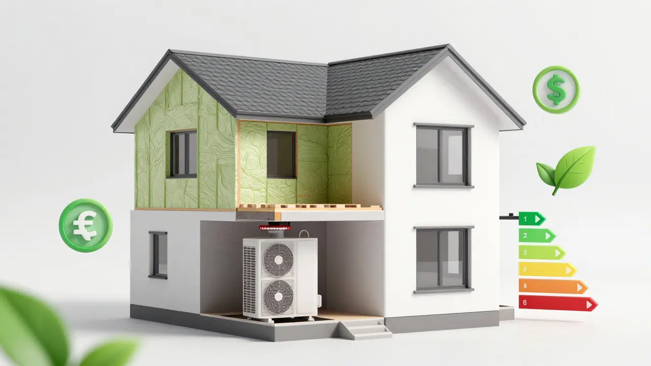 3D cross-section diagram of a house focusing on energy efficiency upgrades