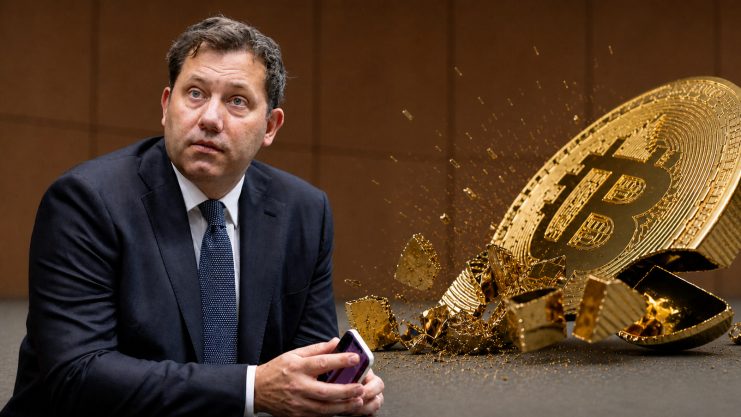 SPD-Finanzminister Lars Klingbeil and a shattered Bitcoin coin, symbolizing the potential end of tax-free gains.