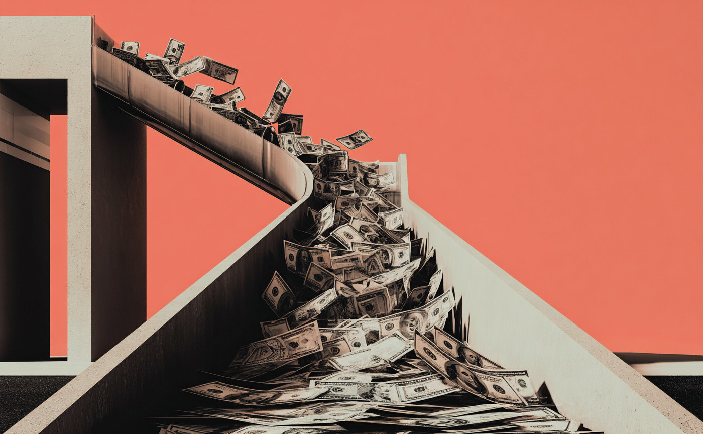 Banknotes sliding down a chute illustrating tax erosion
