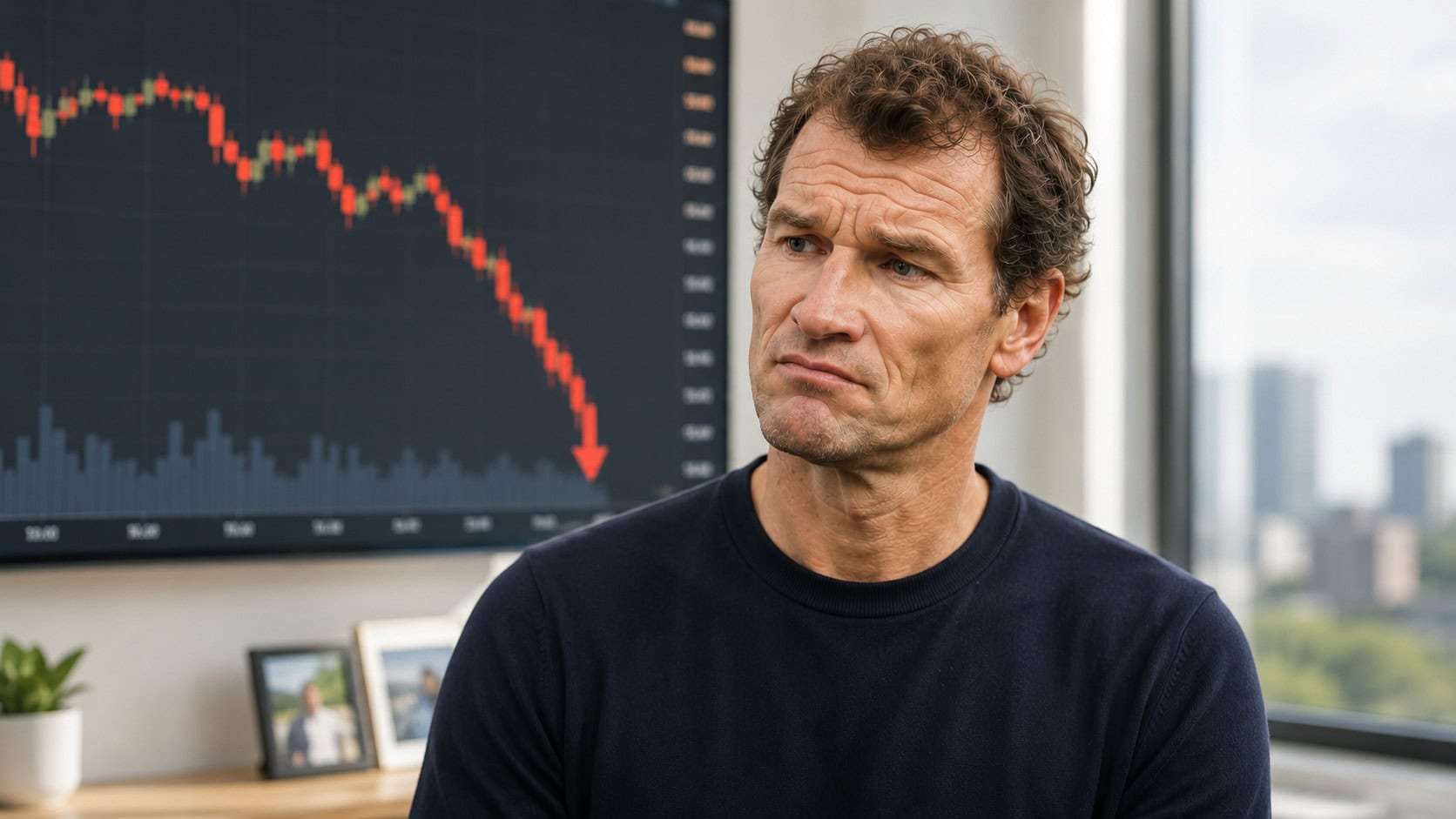 Man looks concerned while watching a large downward-trending stock chart on a screen beside him in an office.